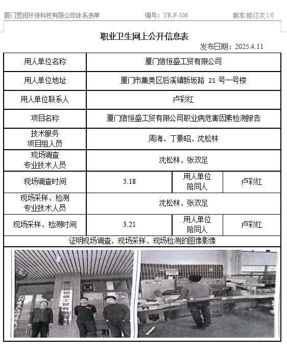 厦门信恒盛工贸有限公司-职业卫生网上公示