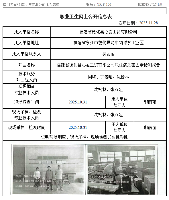 福建省德化县心友工贸有限公司-职业卫生网上公示