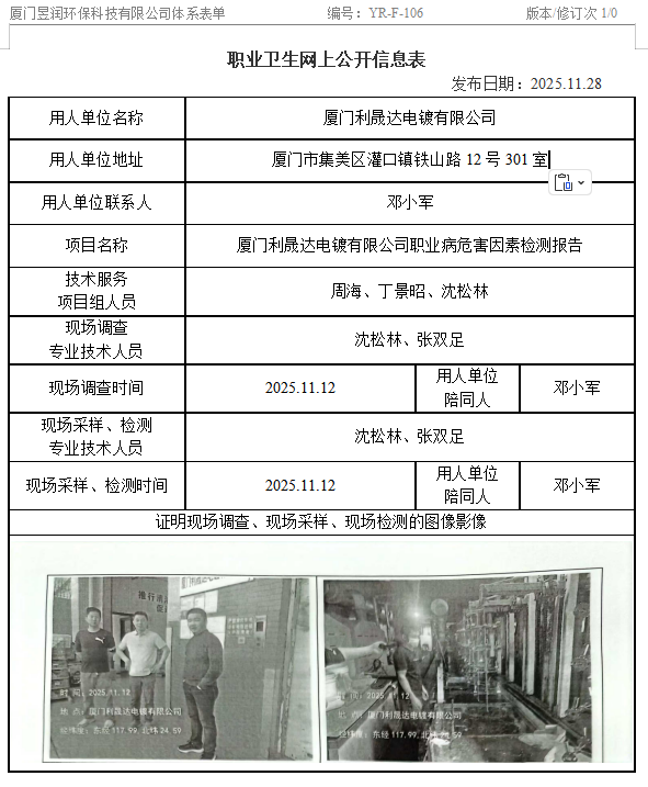 厦门利晟达电镀有限公司-职业卫生网上公示